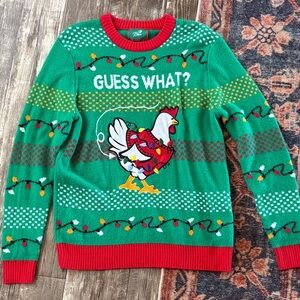 Festive Green Sweater with Chicken Design